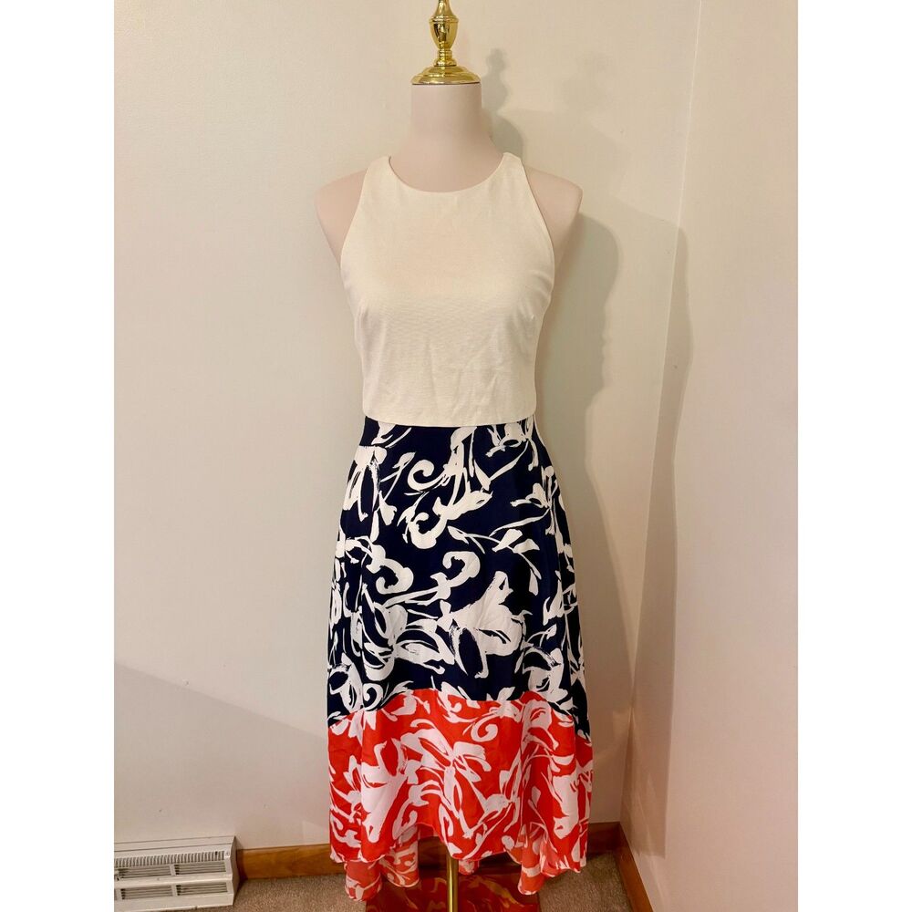 Vince Camuto Floral High Low Dress Size 6 White Navy Coral Sleeveless Fit Flare